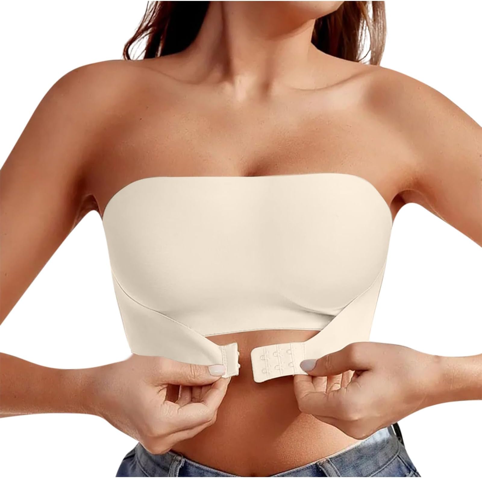 Strapless Bras for Women Front Closure Push Up Non-Slip Bandeau Gathering No Underwire Bottom Hem Comfort Tube Tops