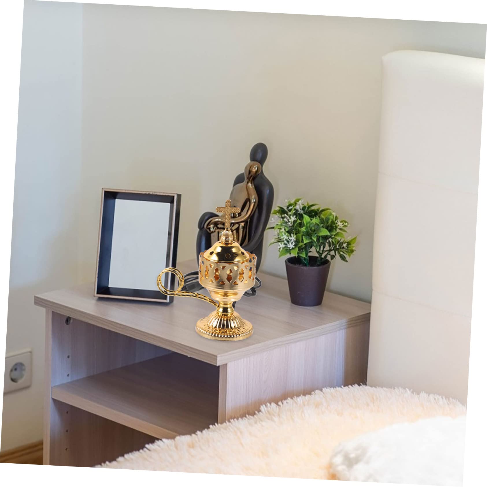 Garneck Quemador de Incienso Eléctrico Enchufe EU 220v de Hierro Dorado Elegante y Duradero Estilo Medio Oriente para Ambiente del Hogar Adecuado para Fiestas