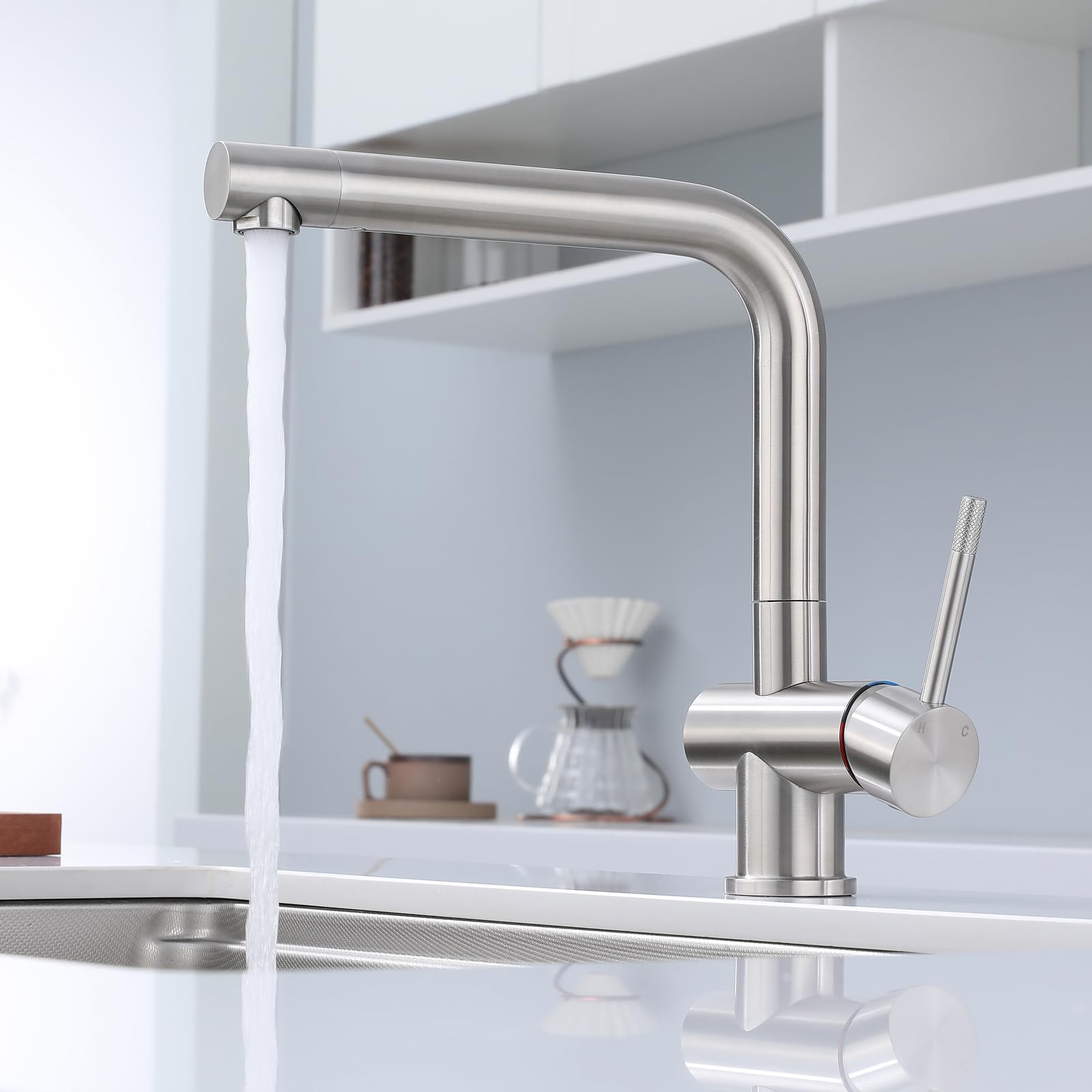 Wasserhahn Küche Edelstahl Küchenarmatur mit L-förmigem 360° Schwenkauslauf einhebelmischer küche, Drehbare Düse,wasserhahn für küche