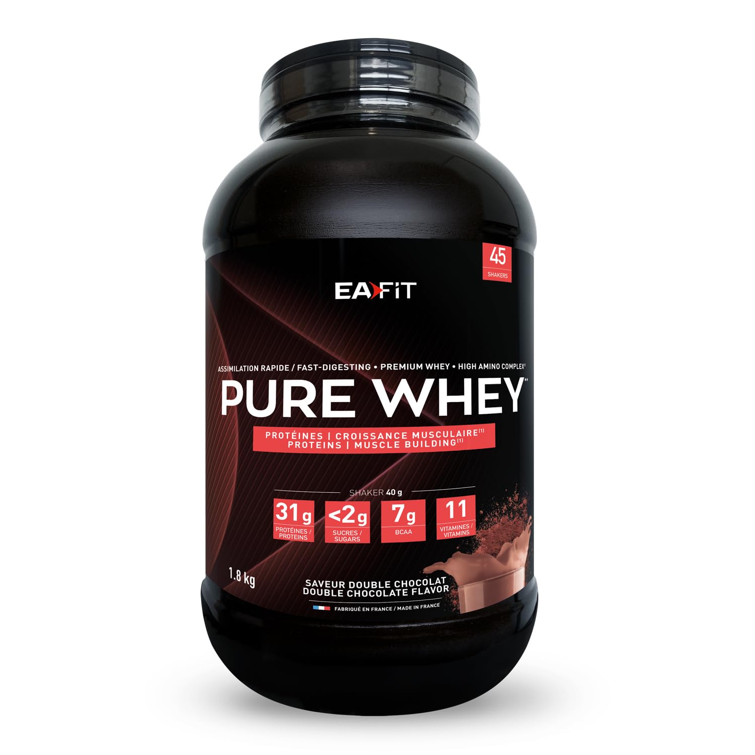 Proteine in Polvere del Siero del Latte Whey, Pure Whey EAFIT, 1,8 kg, Gusto Doppio Cioccolato, Aminoacidi ed Enzimi Digestivi, Proteine Massa Muscolare, Assimilazione Rapida, Whey Protein