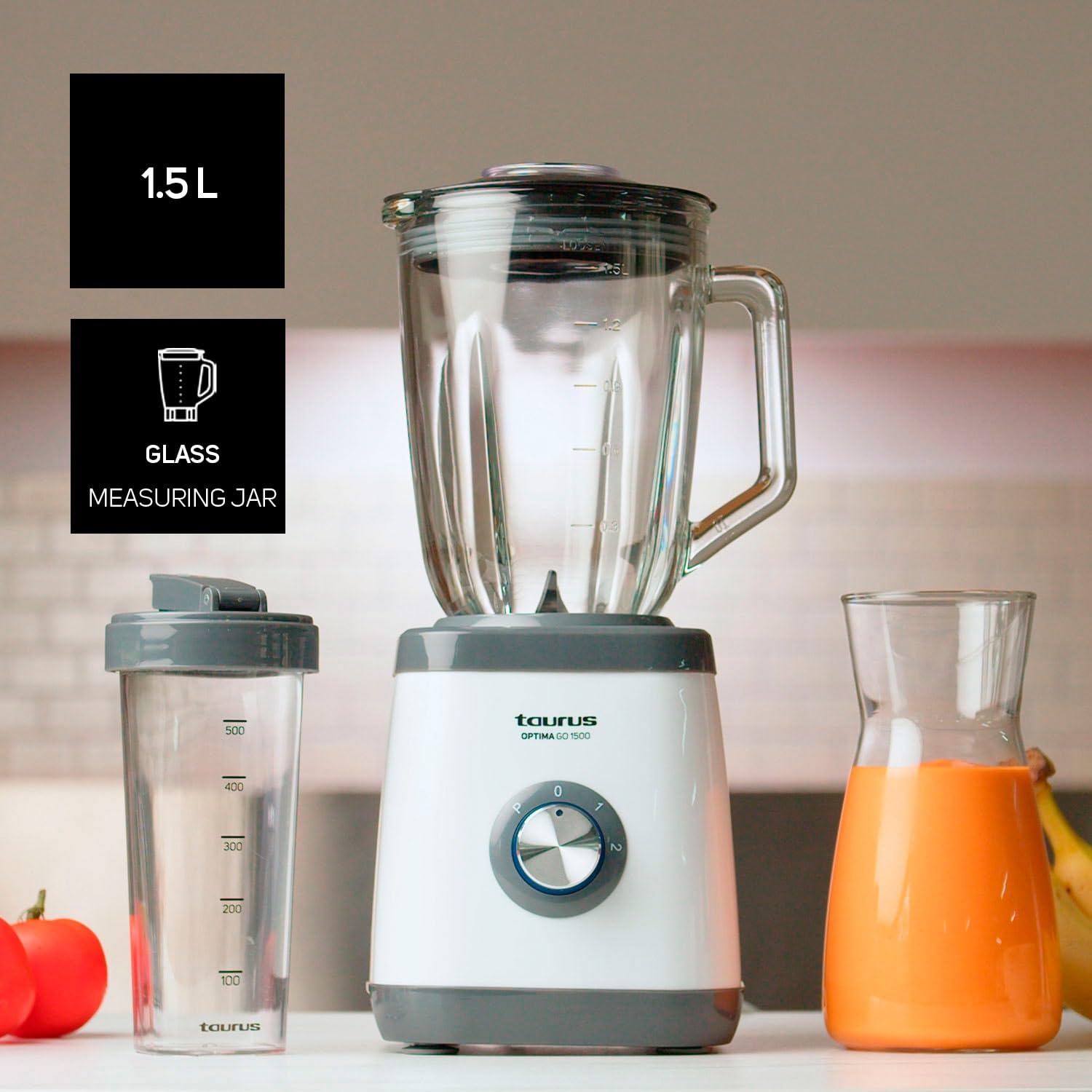 Taurus - Optima Go 1500 blender stołowy, 1500 W, przenośny kubek 500 ml, ostrze z 4 ostrzami, 2 stopnie prędkości + Turbo, stal nierdzewna, antypoślizgowy, system bezpieczeństwa