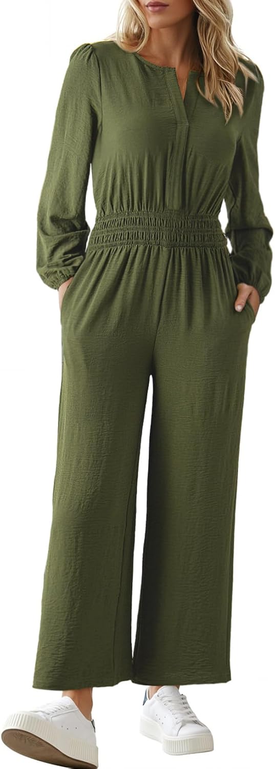 Dokotoo Women's Casual Jumpsuits Loose Long Sleeves Overalls One Piece Button Wide Leg Pant Rompers With Pockets - Image 2