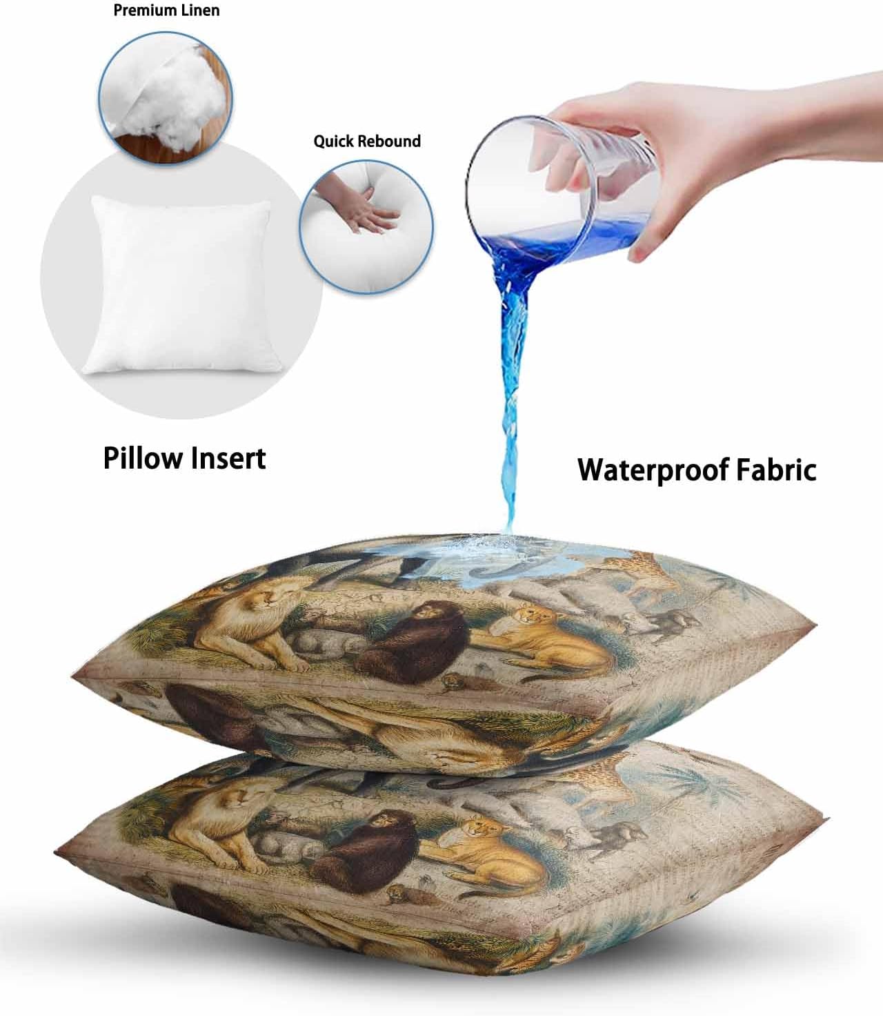 Outdoor Waterproof Throw Pillows Vintage Jungle Animals Patio Pillows,Decorative Pillow Covers with Insert,Pillow Cushion Case for Garden Couch Sofa Elephants Giraffes Lions
