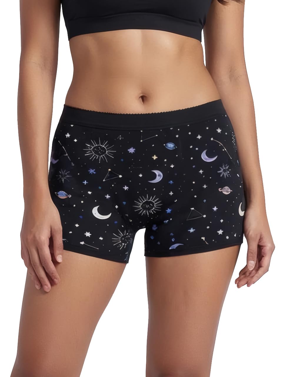 healthfab ; the fabulous you Women's Period Sleep Shorts, Reusable Leak Proof Boyshort Panty, Full Coverage Overnight Protection, Cute Period Underwear,Celestial Print, Black-picture-46