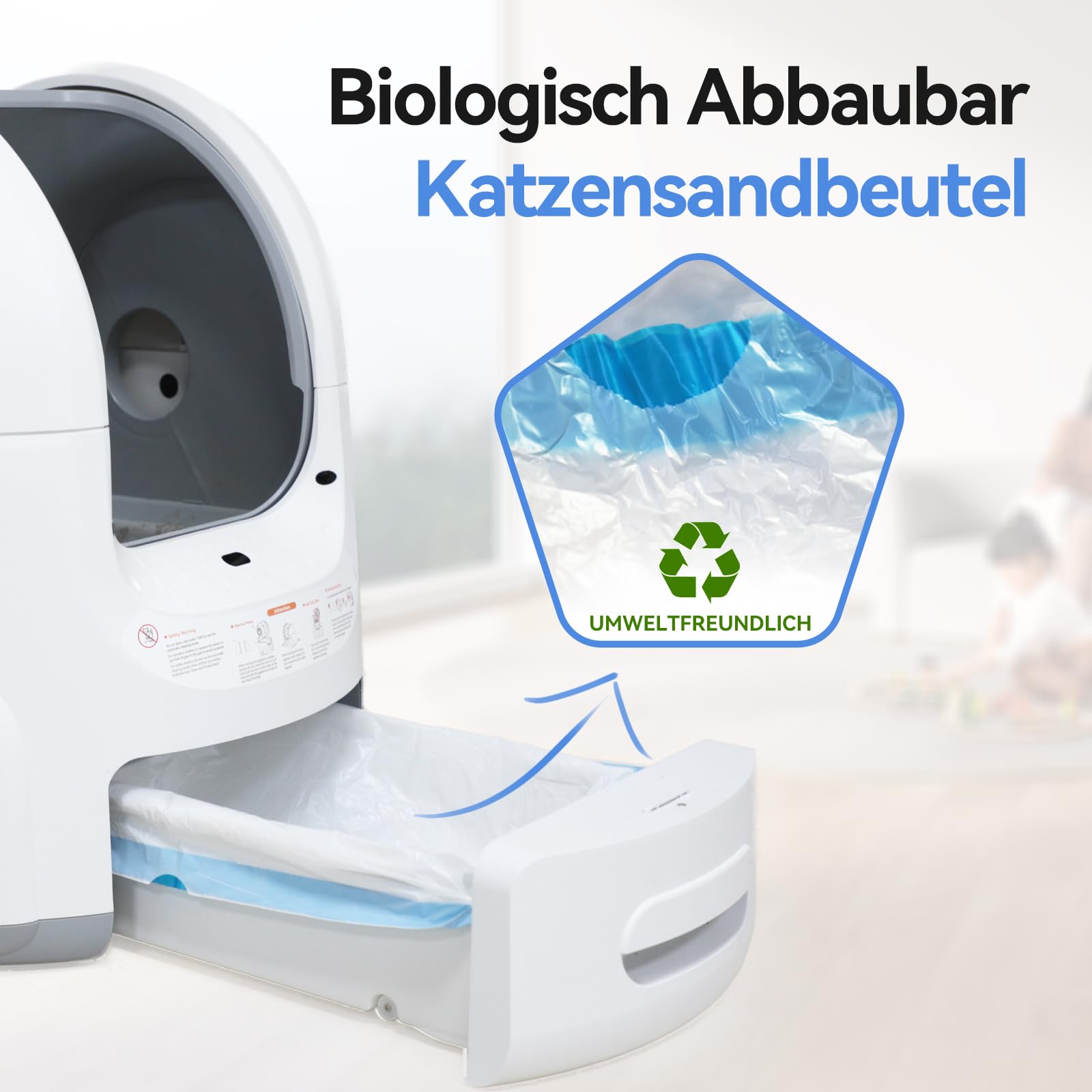 Amicura 45 Stück Mülltüten mit Tragegriff Selbstreinigende Katzentoilette Müllbeutel Katzentoilettenbeutel mit Zugbändern Biologisch Abbaubar Langlebige Reißfest Flüssigkeitsdicht - 3 Rollen