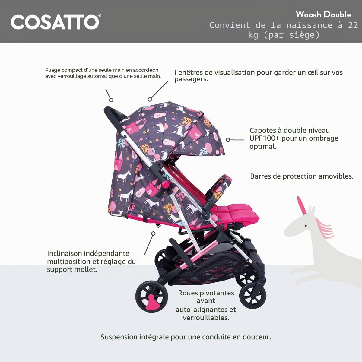 Cosatto Woosh Poussette double légère de la naissance à 22 kg, jumeaux ou frères et sœurs – Pliage à une main, compact, sièges indépendants Anthracite Mister Fox)