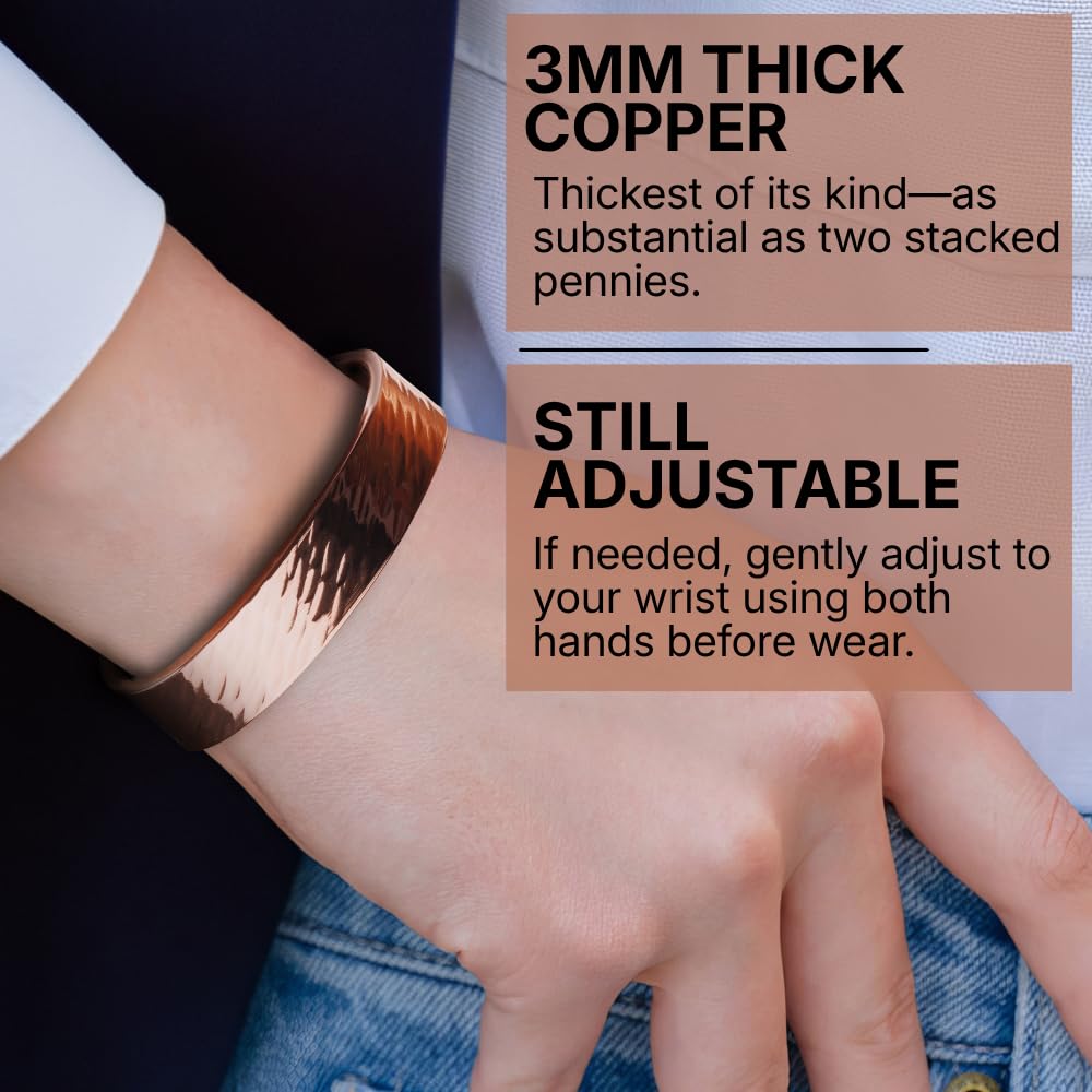 DEMMEX Bracelet en cuivre turc pur de 3 mm d'épaisseur – Solide, non revêtu, non magnétique – Cuivre de 0,3 cm d'épaisseur, le plus épais de son genre et pièce de déclaration – Automne 2024, unisexe