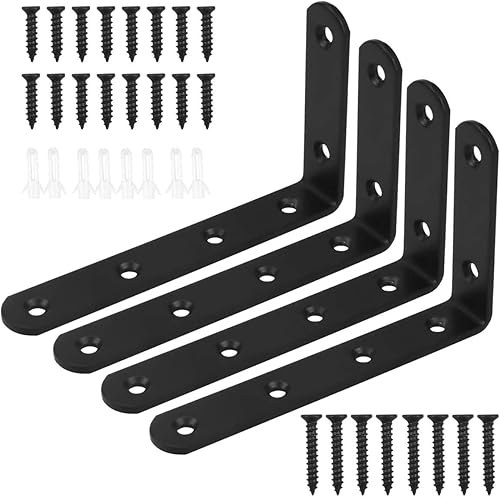 4 soportes de estante resistentes de acero inoxidable en forma de L, soporte de estante de metal para estantes de gabinete, 4.921 x 2.953 in con 24