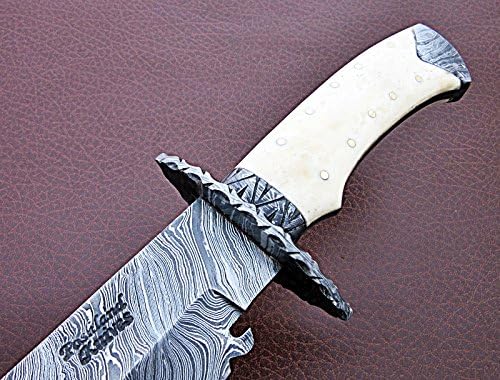 RG-12 Handmade Damascus Steel 15 Inches Bowie Knife - White Bone Handle with Damascus Steel gaurd/Pommel