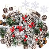 Christmas Decorations Pine Cones, 138PCS Natural Pinecones Berry Pine Branch Snowflake Set, White Christmas Ornaments Indoor Table Decor for Home Winter Decoration, Wreath Making Supplies