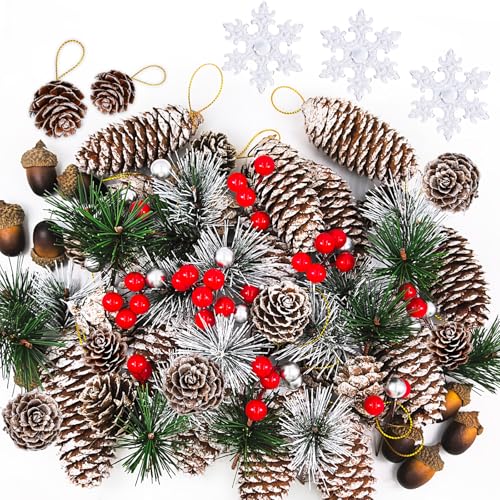 Christmas Decorations Pine Cones, 138PCS Natural Pinecones Berry Pine Branch Snowflake Set, White Christmas Ornaments Indoor Table Decor for Home Winter Decoration, Wreath Making Supplies