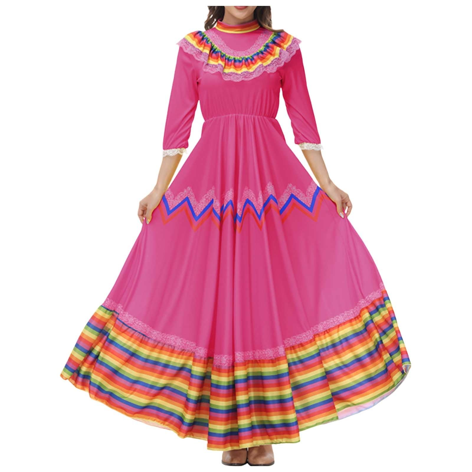 Vestido bohemio para mujer, vestido tradicional mexicano, vestido de baile folklórico, vestido de cinco de mayo, vestido holgado, dobladillo grande, vestido de verano largo, vestido festivo, vestido