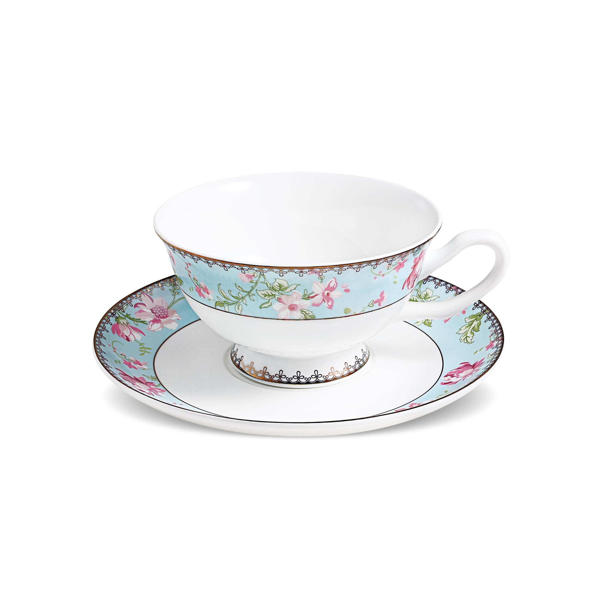 fanquare Pink Floral Bone China Cup& Saucer Set with Spoon, 6.8 oz English Country Style Lace Trim Porcelain Tea Coffee Cup for Home Wedding Party