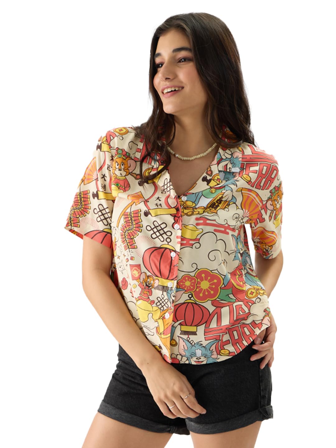 the souled store Tom and Jerry: New Year Women and Girls Short Sleeve Collared Neck Button Front Multicolor All Over Print Regular Fit Summer Shirts-picture-32