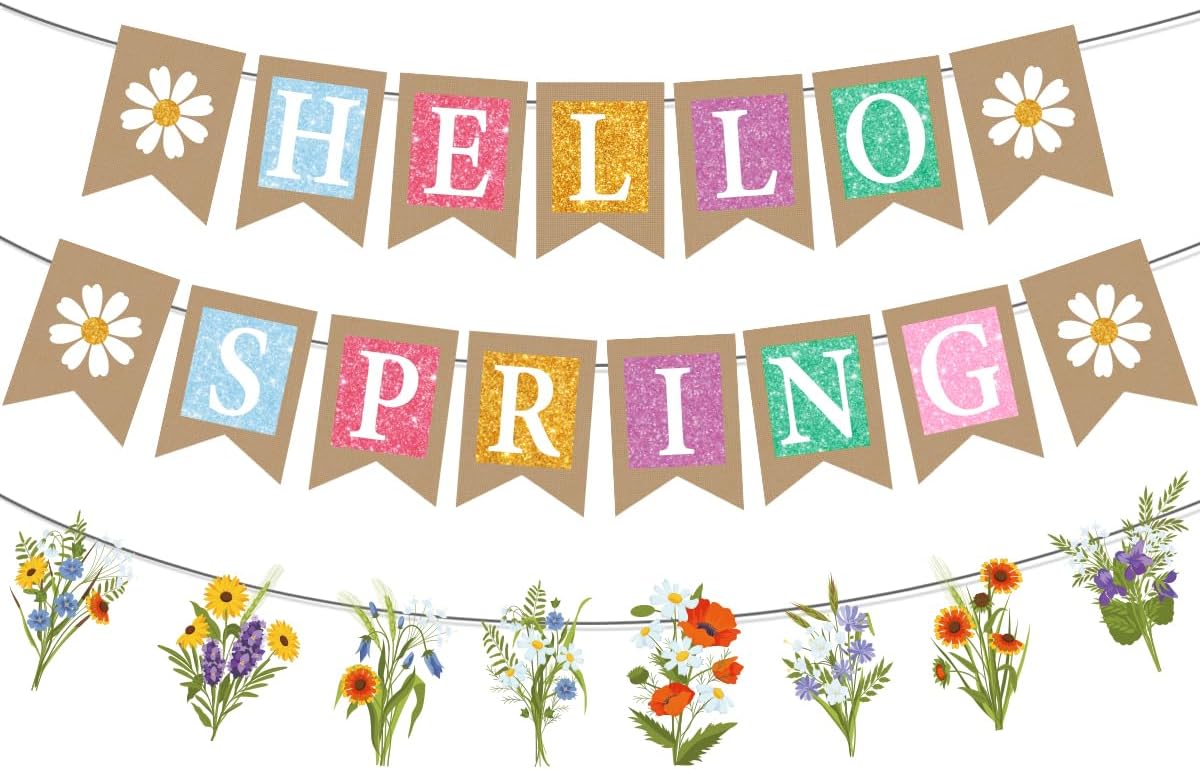 Hello Spring Party Decorations: Flowers Banners, 'Hello Spring' Banners, Spring Theme Party Supplies