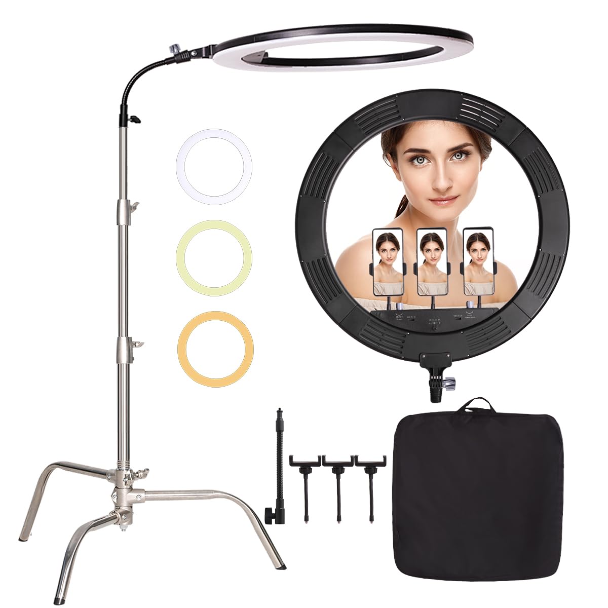 25 Zoll 75W Dimmbare zweifarbige LED-Ringlicht mit 70,87 Zoll Edelstahl-Schwerlastfotografie-Lichtständer, Schlauch, geeignet für Make-up, Selfies, YouTube, Augenbrauen, Tätowierungen,Wimpern