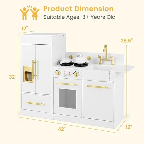 Miniatura 9 de INFANS Juego de Cocina de Juguete para Niños, Juego de Cocina de 2 Piezas con Refrigerador, Horno, Microondas, Máquina de Hielo, Fregadero