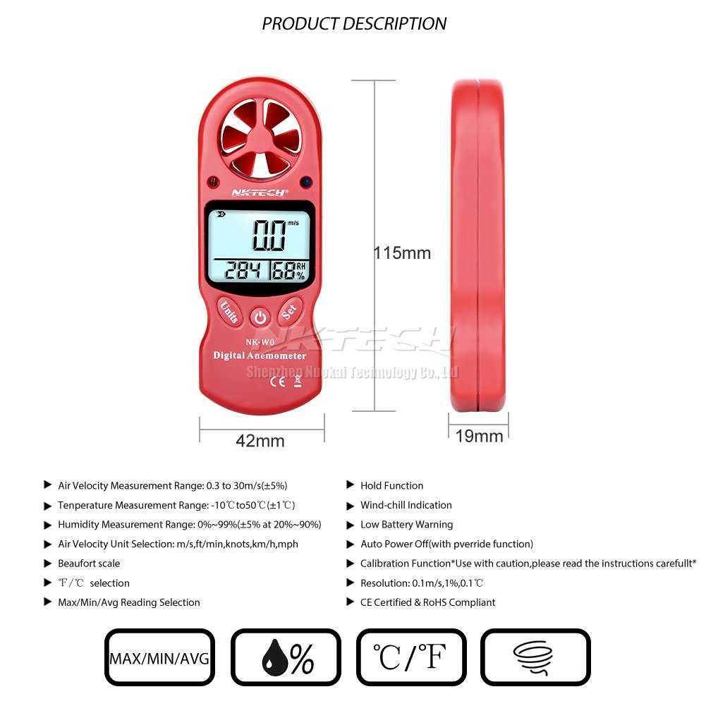 anemometro digitale NK-W0 3-IN-1 mini LCD portatile, tester velocità del vento, temperatura, umidità, con igrometro e termometro multiuso per windsurf, kite surf
