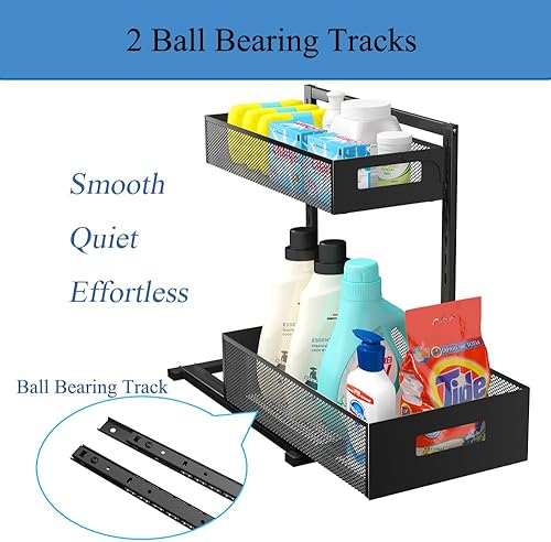 Miniatura 2 de Organizador de metal de 2 niveles para debajo del fregadero, organizador extraíble suavemente debajo del fregadero de la cocina con riel, gran