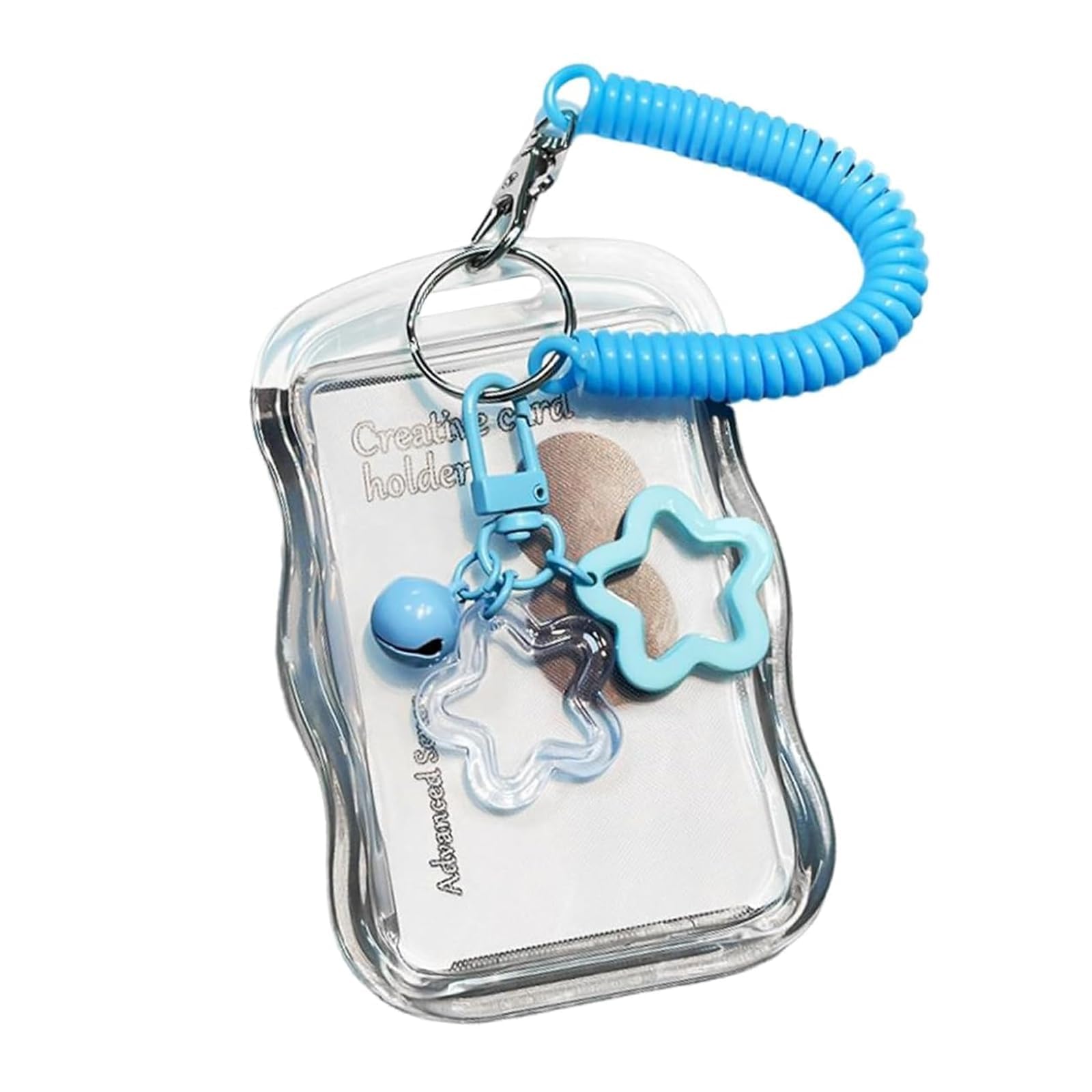 CLKE Photocard Holder Keychain, Water Resistant Clear Photo Card Holder with Spring Coil And Ins Pendant, for for Bus and Student Card (Blue)