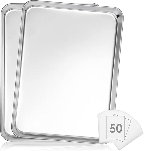 E-far - Bandeja grande para hornear, de acero inoxidable de 18 x 13 pulgadas, para horno con 50 papeles pergaminos, bandeja rectangular de metal