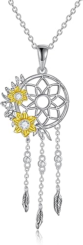 Miniatura 10 de Collar con colgante de atrapasueños, plata de ley 925, piedra lunar sintética, girasol, rosa, flor de ojo malvado, atrapasueños, cremación, regalos