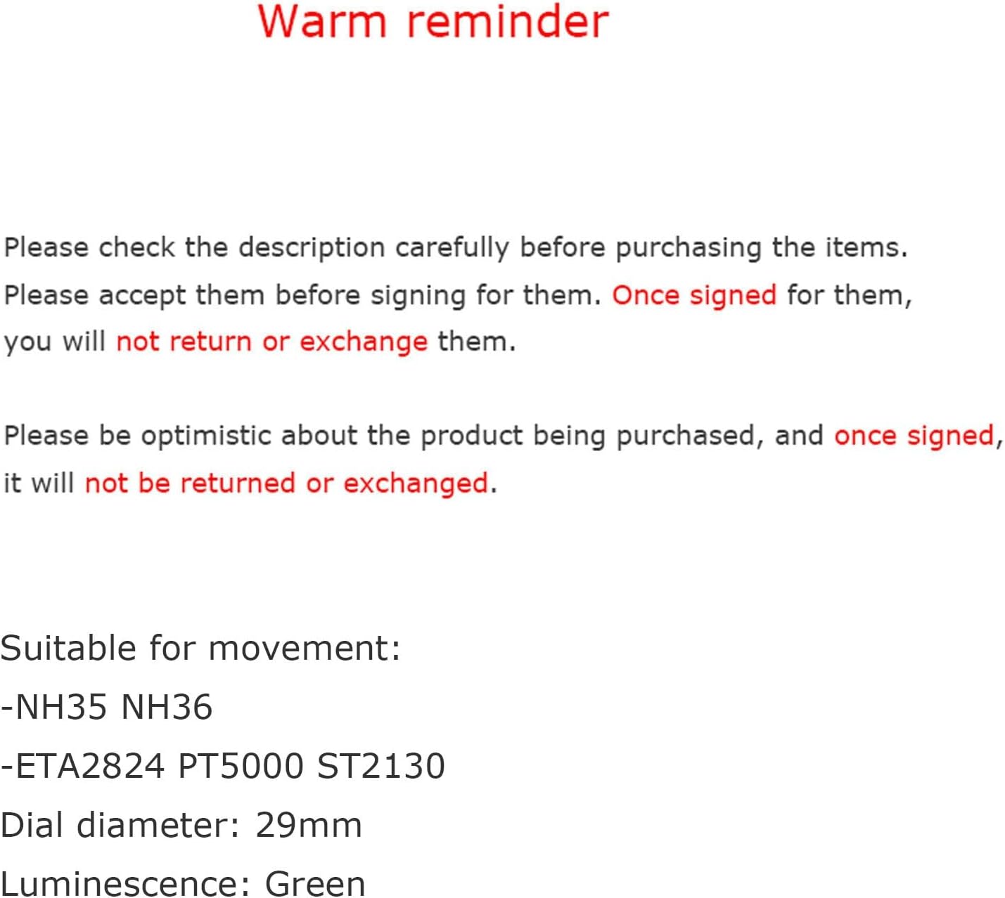 NH35 PT Arabic Numerals Luminous Dial, 29mm for NH36/ETA 2824