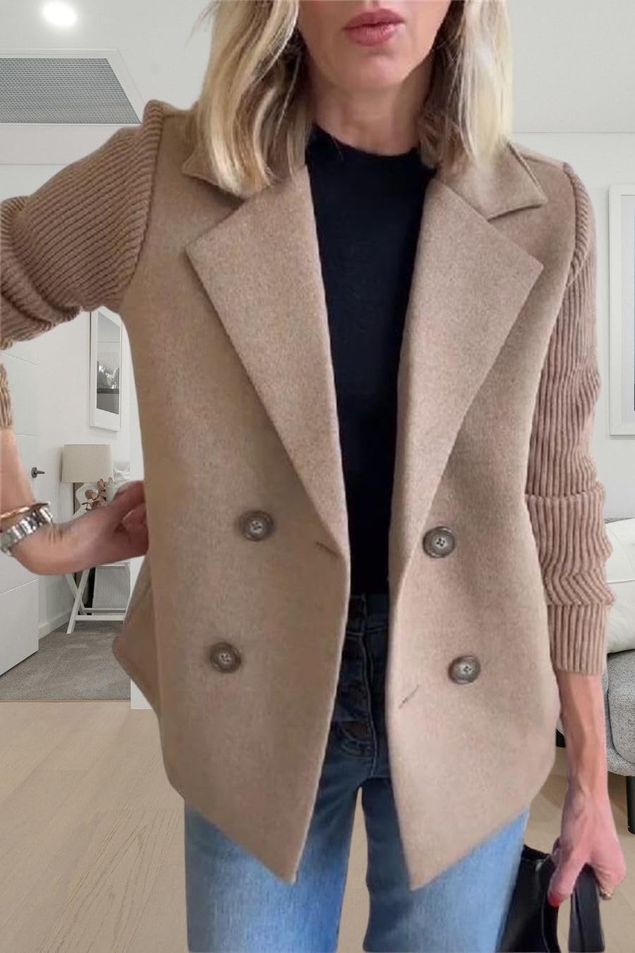 Women's Double Breasted Blazers Jacket Lapel Button Knitted Patchwork Sleeve Sweater Blazer Casual Business Suits Open Front Cropped Pea Coat Fashion Fall Outfits for Women Brown 3XL