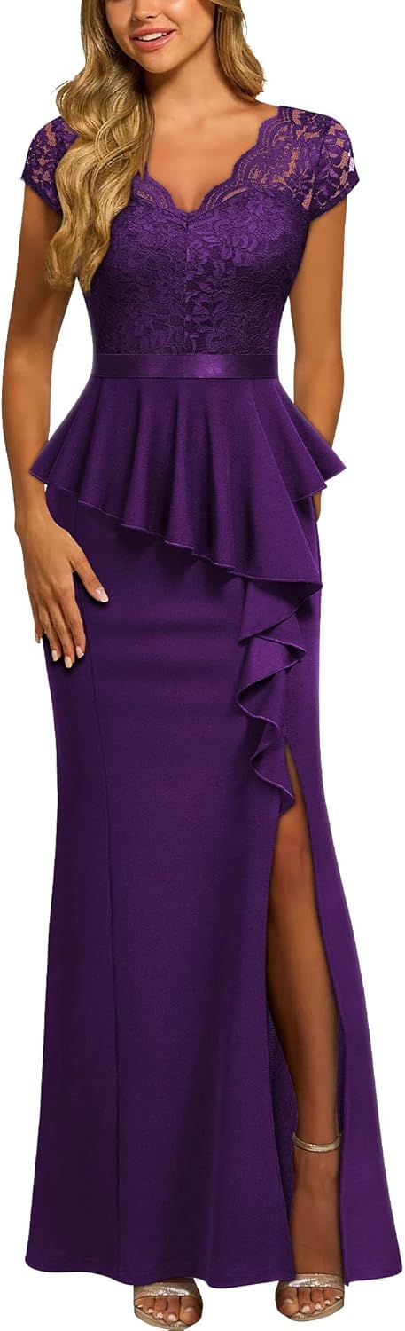 MISSMAY Women's Elegant Floral Lace Ruffle Split Cocktail Party Long Dress