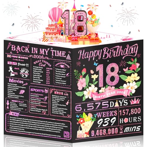 Awrmoo 18th Birthday Cards for Girl Her, 3D Pop Up 18th Birthday Card Gifts for Daughter, Back In 2008 Rose Gold 18 Year Old Birthday Decorations Ideas for Granddaughter Niece Friends Sister Bestie