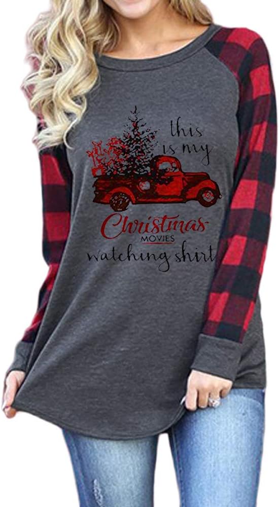 Merry Christmas T Shirt for Women Baseball Long Sleeve Raglan Plaid Splicing Tee