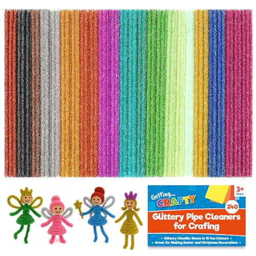 SOL 240pk Glitter Pipe Cleaners for Craft 15cm Sparkly Glittery Flexible Colourful Pipe Cleaners for Crafting DIY Kit for Halloween Easter & Christmas Decorations Craft Set