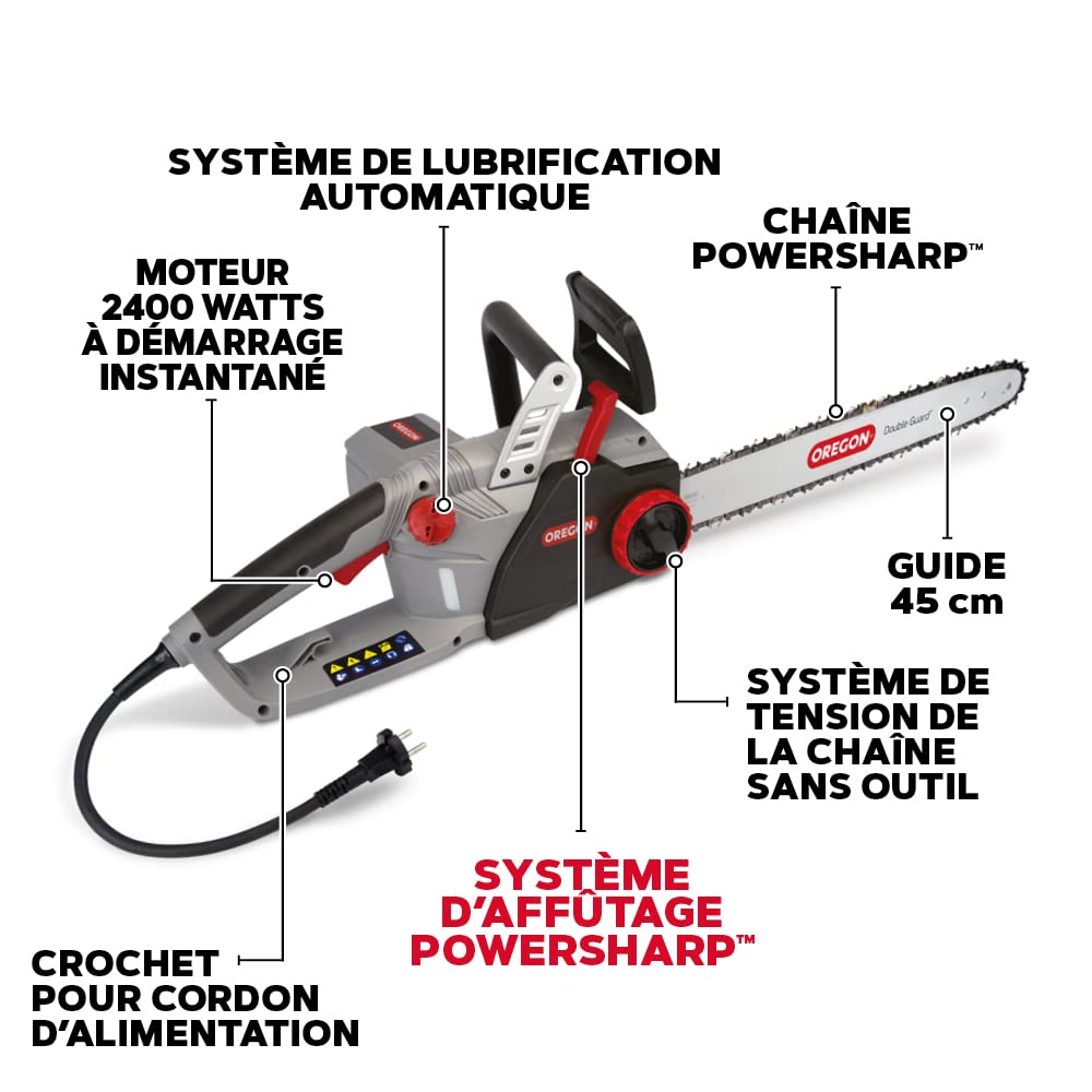 Oregon Tronçonneuse Électrique Filaire 2400W avec Affûtage Automatique – Guide 45 cm, Faible Rebond, Lubrification Automatique – Système PowerSharp, Garantie 3 Ans (CS1500)