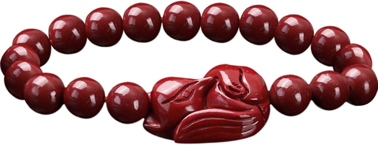 Feng Shui Bracelet,Feng Shui Wealth Bracelet for Women Cinnabar Fox Bracelet Stretchy Bangle Hand Carved Bead Talisman for Prosperity Money Good Luck(8MM)