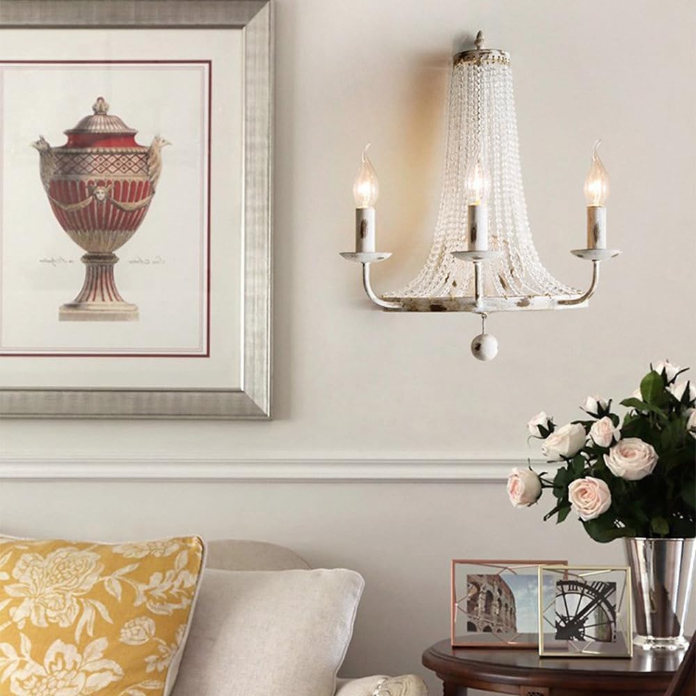Modern Home Decoration Farmhouse Candle Wall Sconces Indoor Vintage Crystal Wall Light Metal White French Country Bedroom Wall Mounted Light for Bathroom Bedside Foyer Staircase Hallway Bar