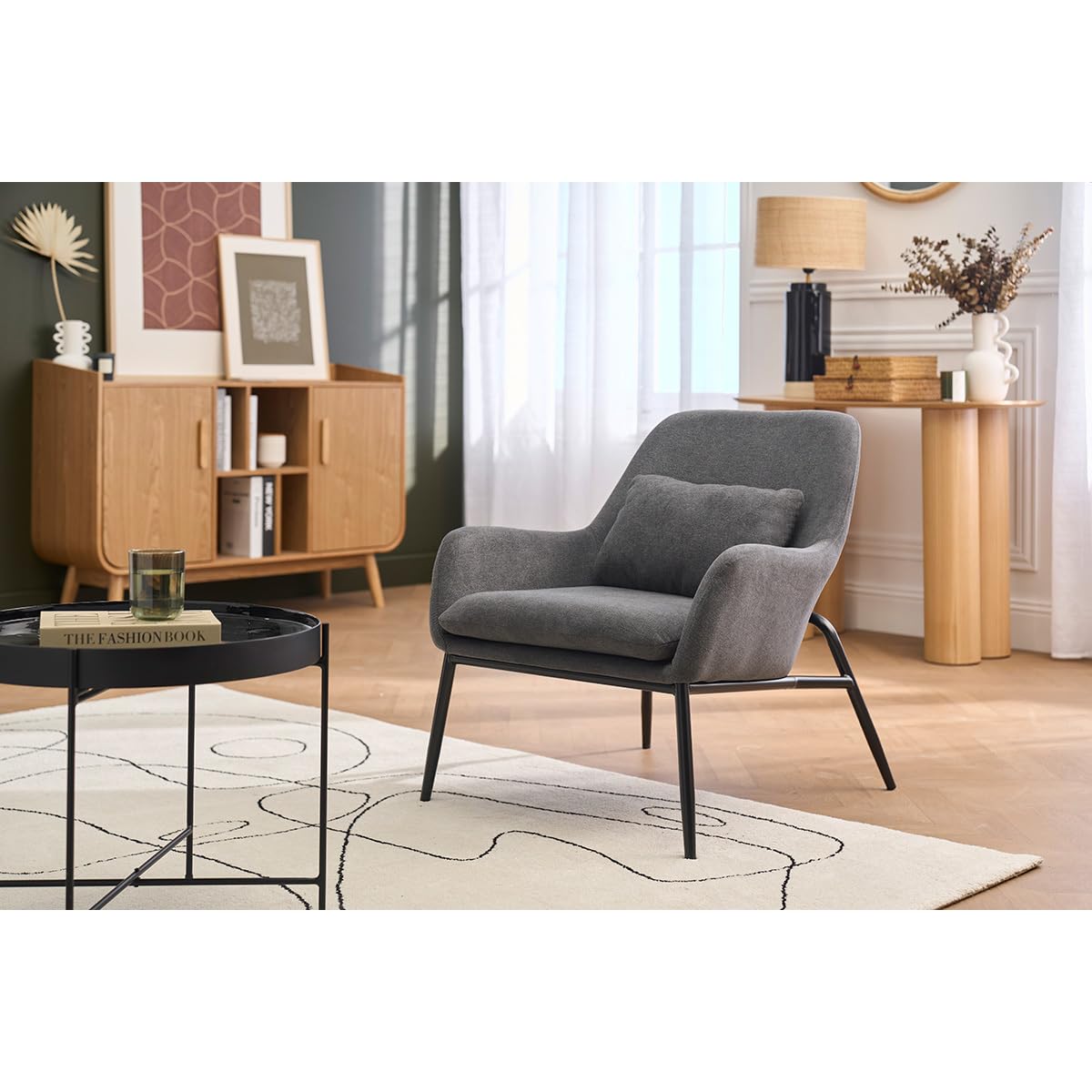 Fauteuil design en tissu effet velours gris foncé et métal noir MAXINE