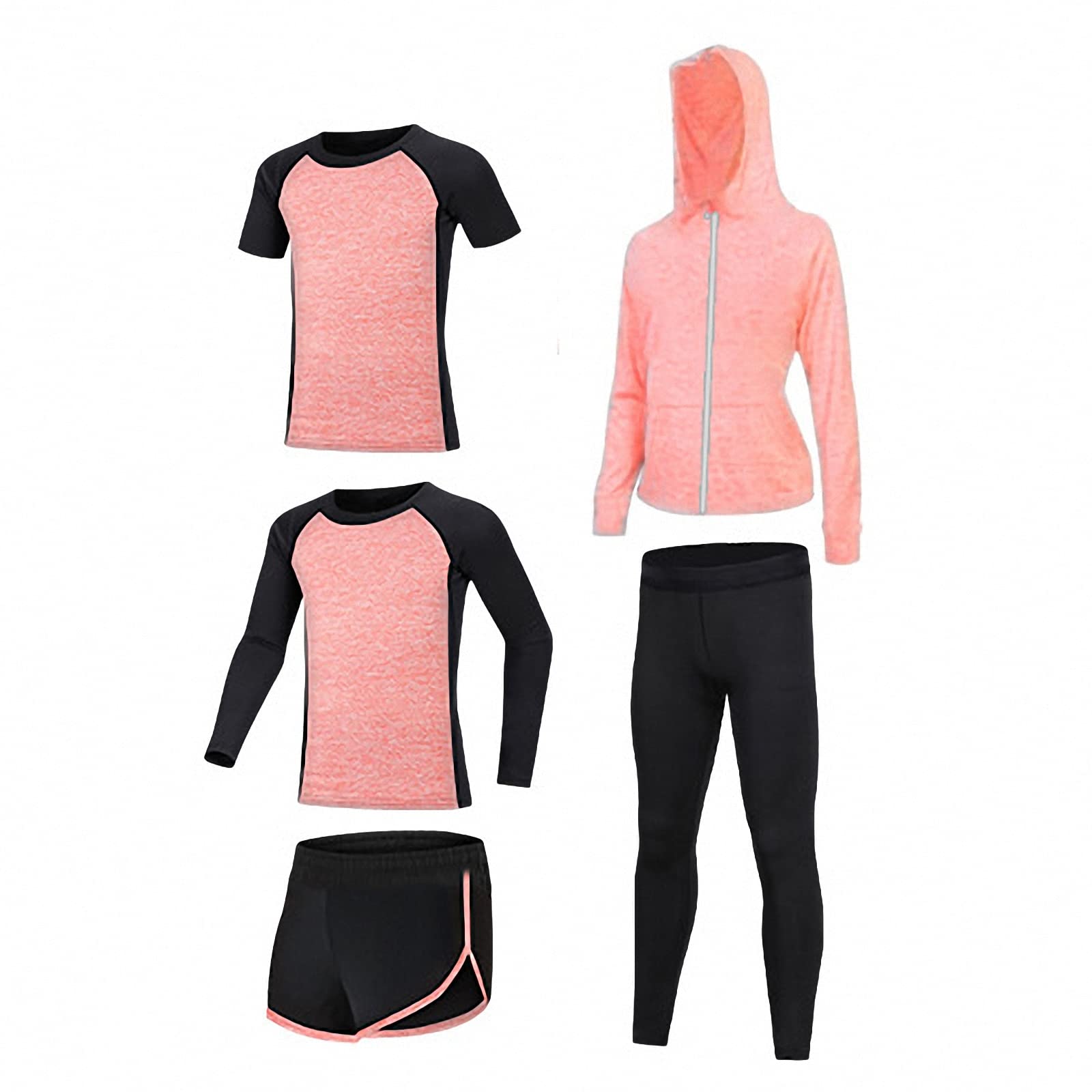 Ropa Deportiva de Fitness 5 Piezas,Traje de Chaqueta con Capucha para Correr de Yoga para niñas,Conjuntos de Entrenamiento de Baile,pantalón de Mallas de Secado rápido,Orange,170