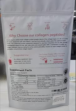 Multi Collagen Peptides, Types I II III V X, Unflavoured with Biotin and Vitamin C, 453.6g, GMO-Free
