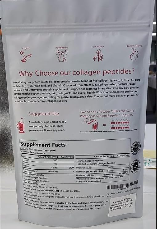 Multi Collagen Peptides, Types I II III V X, Unflavoured with Biotin and Vitamin C, 453.6g, GMO-Free