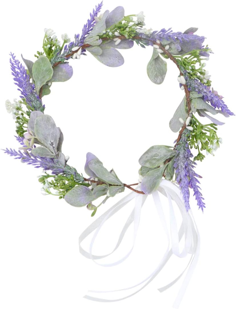 Lurrose Flower Wreath Headband Lavender Floral Garland Crown Christmas Flower Headpiece for Women Girls Bridal Wedding Party Holiday (Purple)