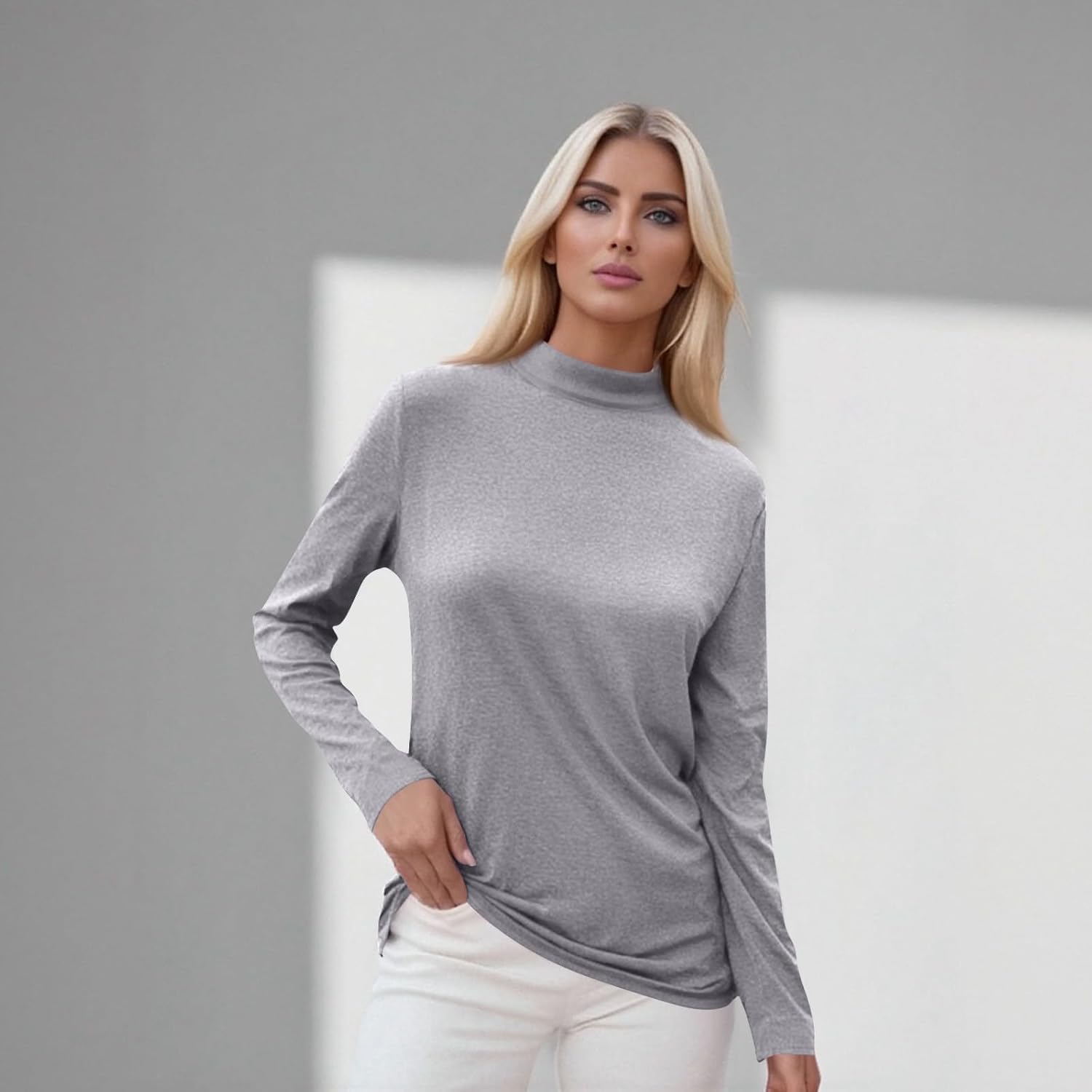Mock Neck Tops for Women Long Sleeve Basic Cute Fall Shirts Dressy Casual Lightweight Work Blouse Undershirt - Image 2