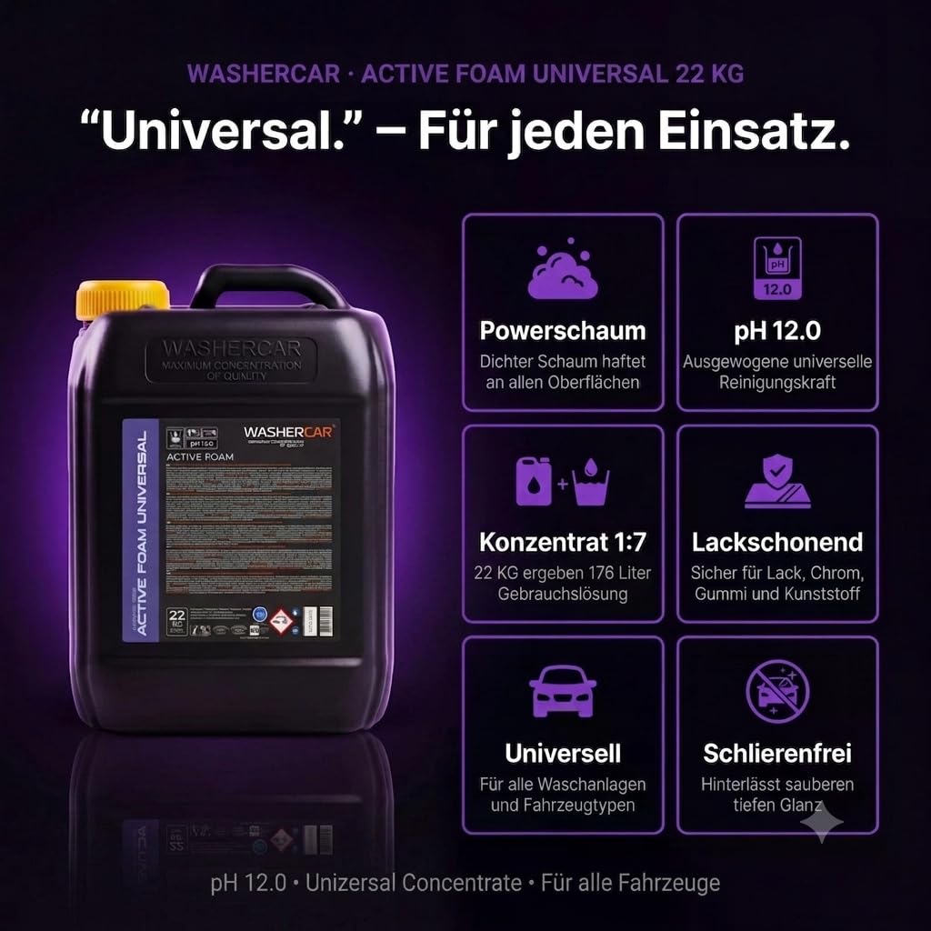 WasherCar Active Foam UNIVERSAL– pH 12,0 Powerschaum & Aktivschaum Konzentrat | Vorreiniger für Schaumlanze & Hochdruckreiniger | Snow Foam Schaumshampoo | Teer, Schmutz, Insekten & Salzreste (22 KG)