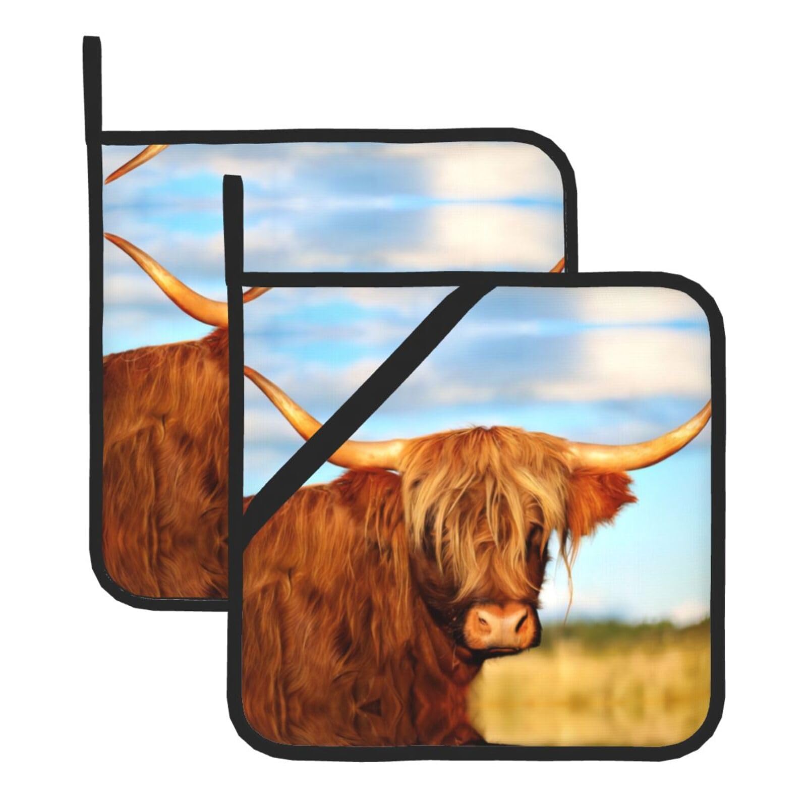 YYHWHJDE Cows In The Field Prints Square Hot Pads for Kitchen Counter - Waterproof Pot Holders with Hanging Loop, Durable Trivets for Microwave Oven - 2 Pack