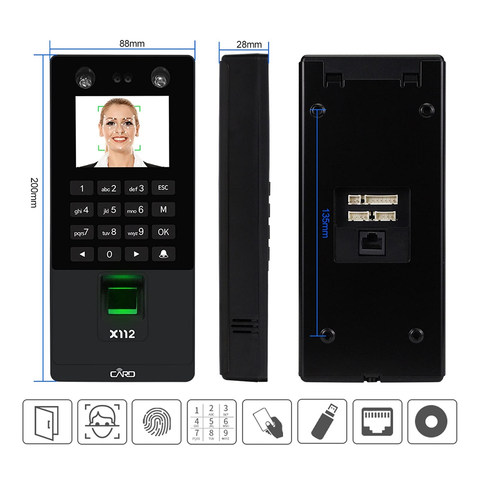EDEDE Control Horario Empleados, Sistema de Control de Acceso de Puerta de Acceso Facial biométrico Software de Teclado de Teclado Lector de Huellas Dactilares Máquina de Asistencia a Tiempo(X112 K)