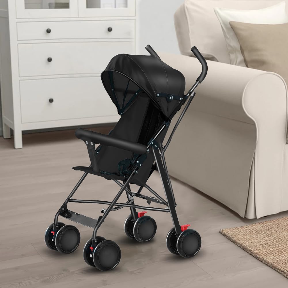 Poussette Canne Ultra Légère Compacte Pliable Inclinable Naissance à 25 kg avec Système Trolley Housse de Pluie Capote Extensible Noir