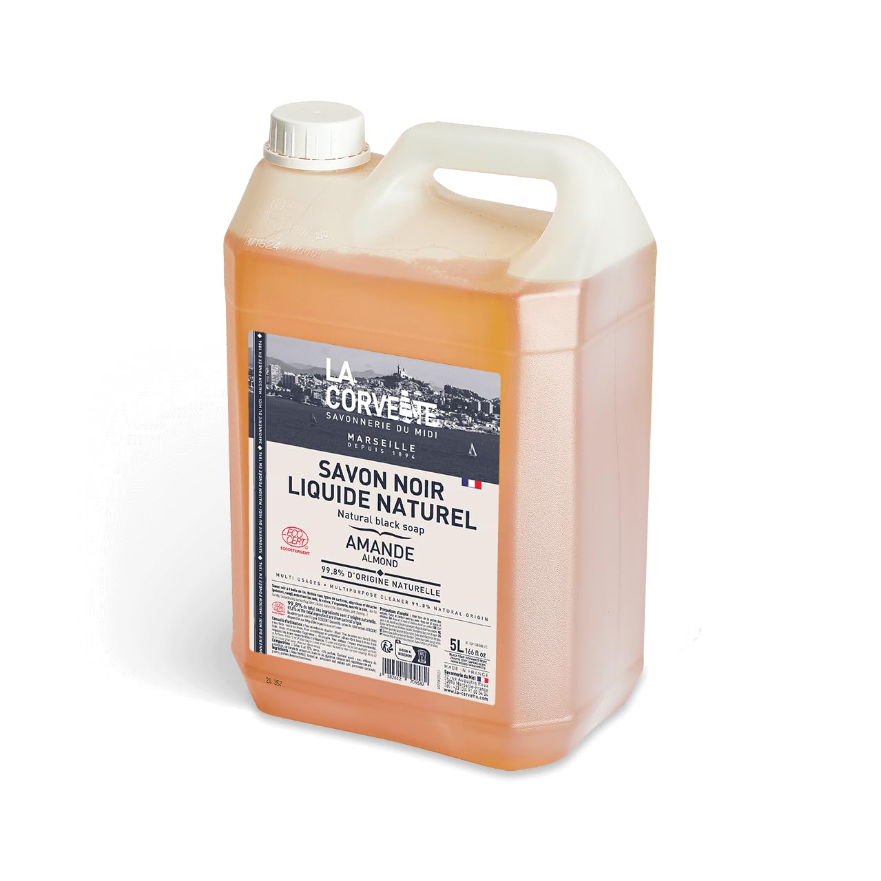 La Corvette - Savon Noir Liquide AMANDE à l'Huile de Lin - Nettoyant Multi-Usages - Dégraissant et Détachant - 5L - ECOCERT Ecodétergent