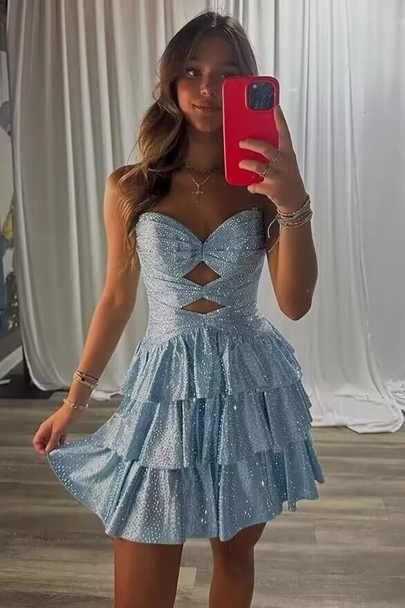 Sparkly Sequin Homecoming Dresses for Teens 2025 Strapless Backless Tiered Cocktail Party Gown4
