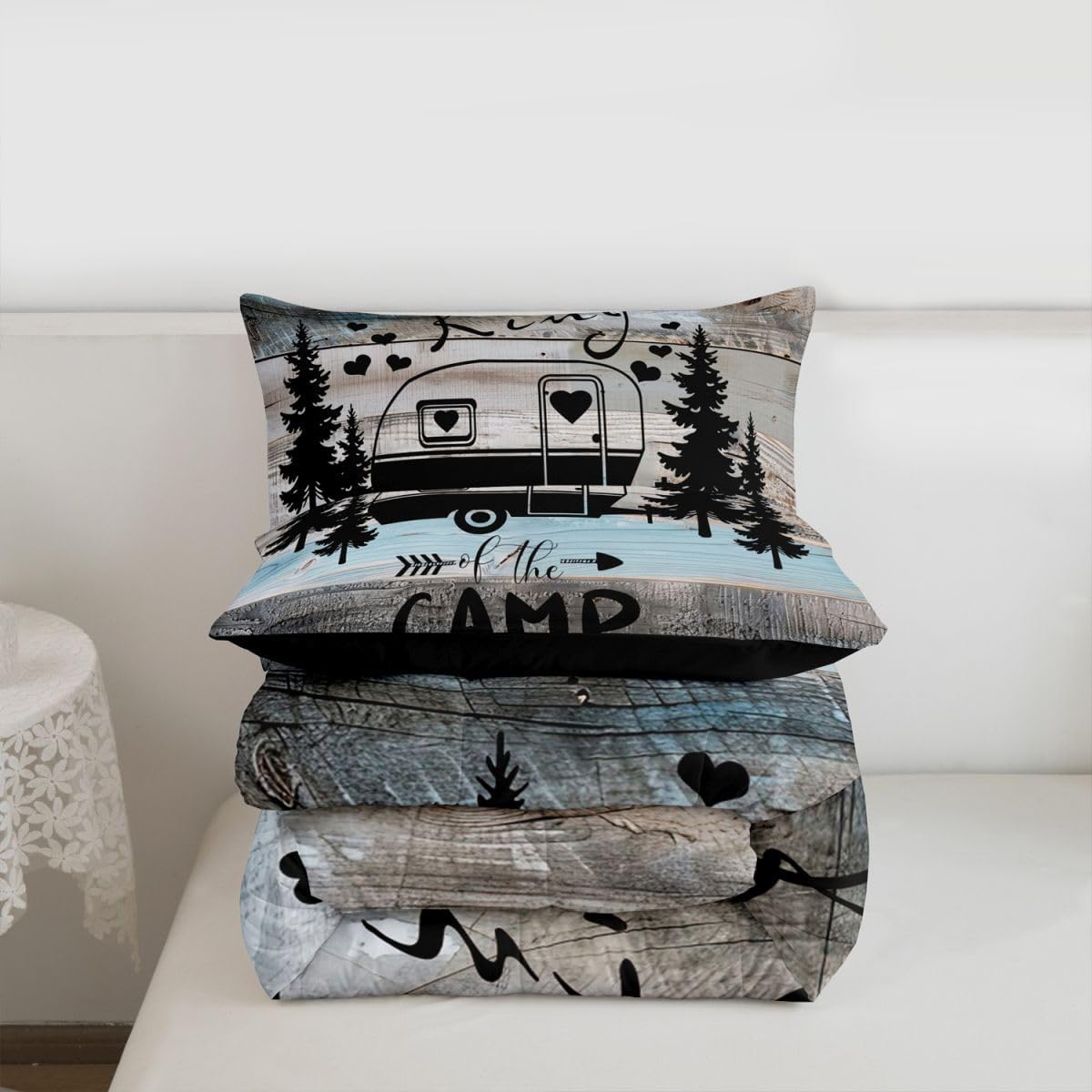 Rustic Farmhouse Style Comforter Set - King Size Happy Camping Black Sketch Drawing Duvet Insert Ultra Soft Inner Fill Bedding 3 Pieces with 2 Pillowcases