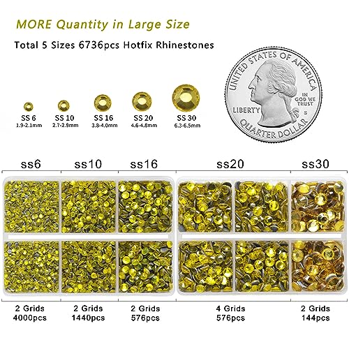Image of 6736pcs Hotfix Rhinestones Flatback, Yellow Rhinestones for Crafts Clothes Mixed 5 Sizes, Hotfix Crystals with Tweezers and Wax Pencil Kit, SS6-SS30, Lemon Yellow