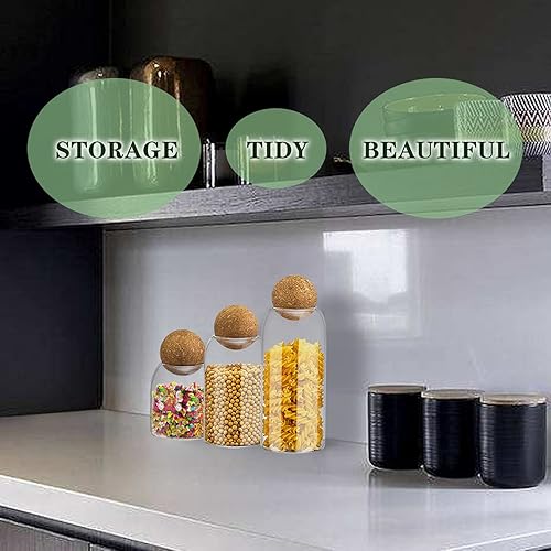 Miniatura 4 de Juego de 3 tarros de vidrio con tapa de bola de corcho, para cocina, alimentos, terrario, herméticos, transparentes, con tapas de madera para